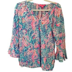 Lilly Pulitzer Size S Willa Split Knit Flounce Sleeve Top Treasure Trove Shells